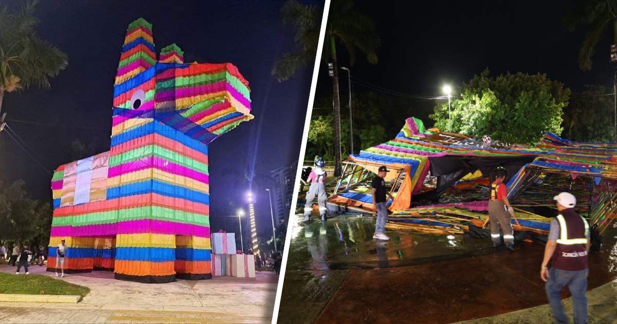 Desmantelan adorno navideño monumental por fuertes rachas de viento en Cancún