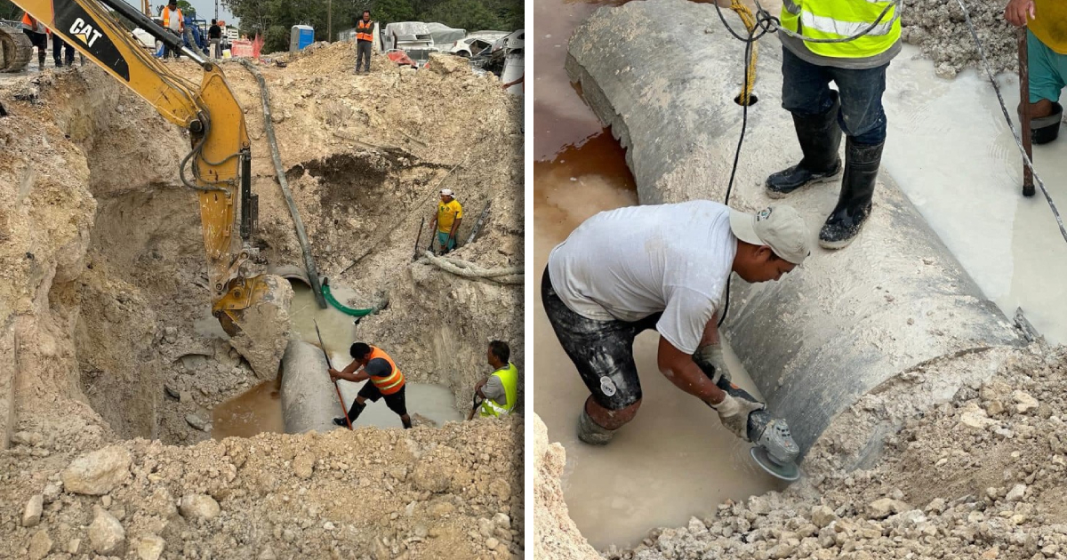 Reparación de tubería de agua potable de Chetumal dañada por trabajos del Tren Maya con 70% de avance