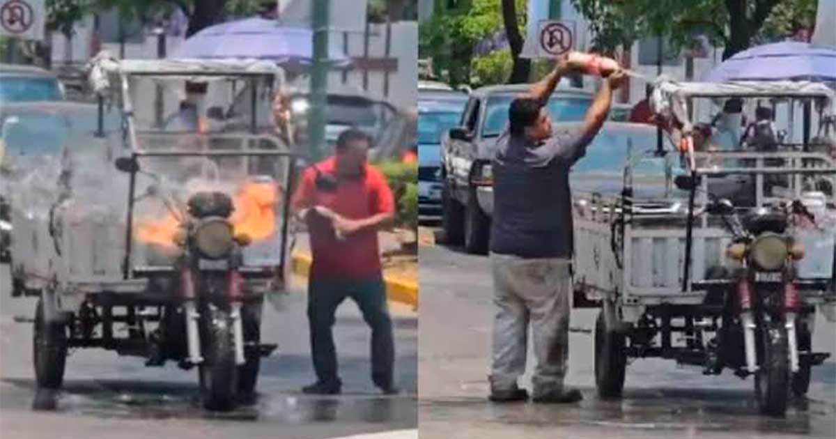 Sujeto apaga incendio de motocicleta con una Coca Cola fría de 3 litros